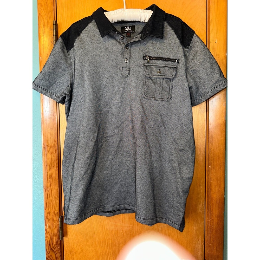 Rock & Republic Polo Mens XXL‎ BlackGrey Pocket Front Stretch Short Sleeve